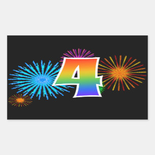 Spaßige Feuerwerke + Regenbogenmuster "4" Ereignis Rechteckiger Aufkleber