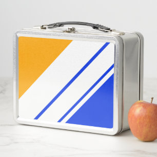 Spaßige helle blaue gelbe orange weiße Rennstreife Metall Brotdose