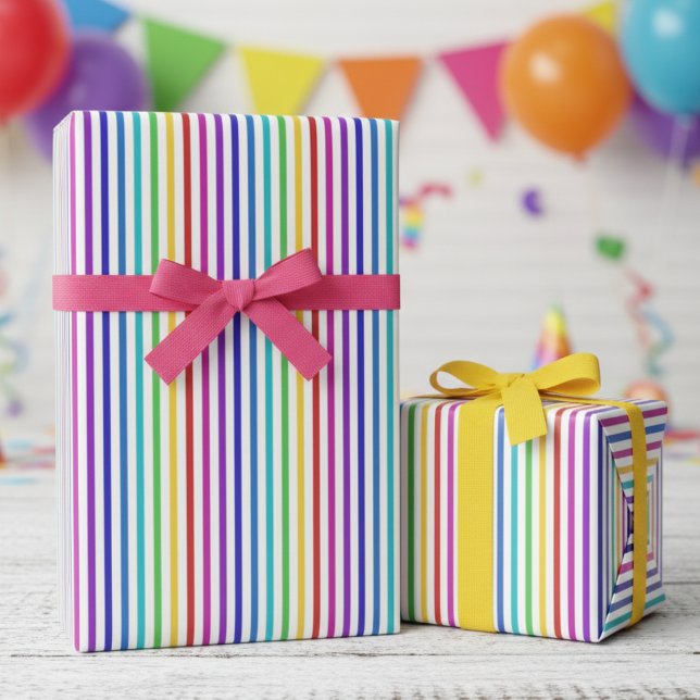 Spaßige Regenbogenfarben gestreift Geschenkpapier (Fun Rainbow Stripes Wrapping Paper for Kids Birthday. Modern & Simple Thin Lines with Bright Colors)