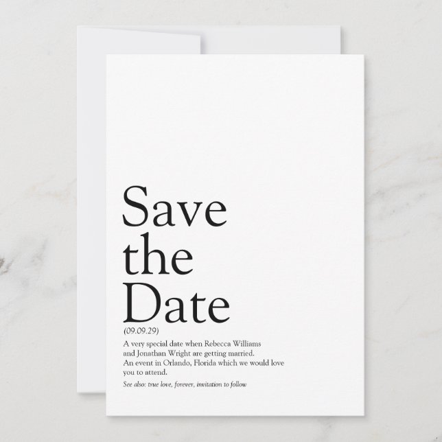 Spaßige Schwarz-Weiß- Save-the-Date-Definition  Save The Date (Vorderseite)