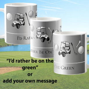 Spaßige silberne Golfbälle und Wagen mit persönlic Kaffeetasse