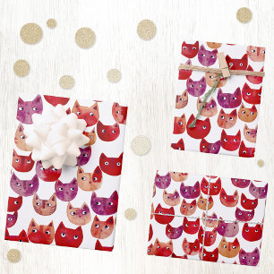 Spaßige Wasserfarbe-Katze Rot Pink Einwickelpapier Geschenkpapier Set
