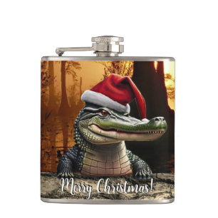 Spaßiger Alligator mit Weihnachtsmannmütze Flachmann