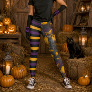 Spaßiger Halloween-Hexen-Katze Lila Gestreifte Kür Leggings