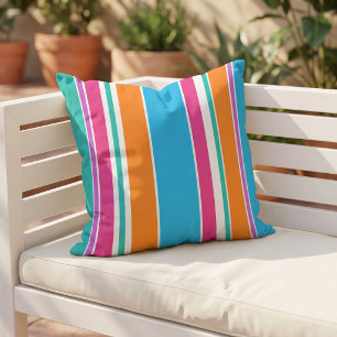 Spaßiger Himmelblau-Hot-Pink-Orange-Weiß-Streifen Kissen