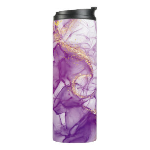 Spaßiger Wasserfarbe-Lila-Hintergrund mit goldenen Thermosbecher