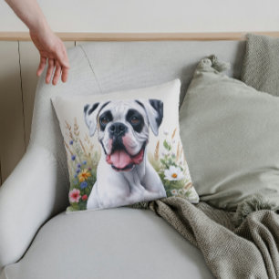 Spaßliebender weißer Boxerhund in den Blumen Kissen