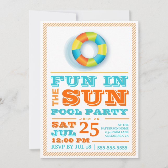 Spaßsun-Pool-Party-bunte Retro Einladung (Vorderseite)