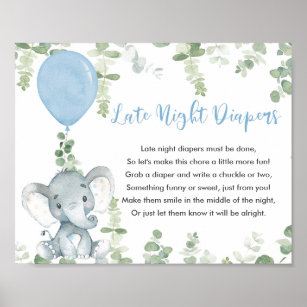 Späte Nacht Windeln Baby Duschgame Blue Elefant Poster