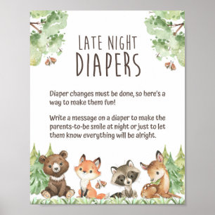Späte Nacht Windeln Woodland Tiere Duschzeichen Poster