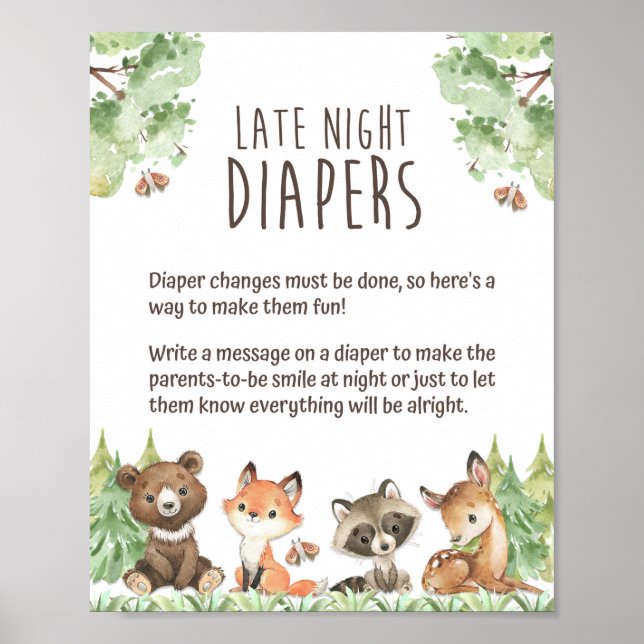 Späte Nacht Windeln Woodland Tiere Duschzeichen Poster (Vorne)