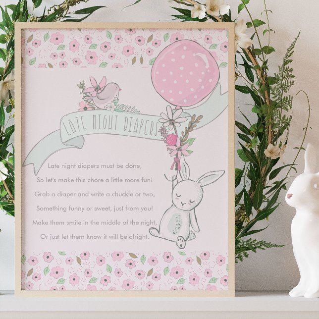 Späte Nachttaucher Kleines Bunny Baby Showspiel Poster (Diaper Game Poster from my Little Bunny & Balloon Baby Shower collection - buy printed or digital)