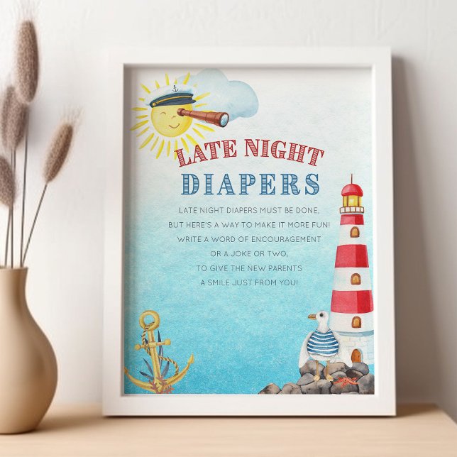 Späte Nachttaucher Niedliche Kinderdusche Poster (Late Night Diaper Game Sign from my Ahoy it's a boy Nautical Baby Shower collection)