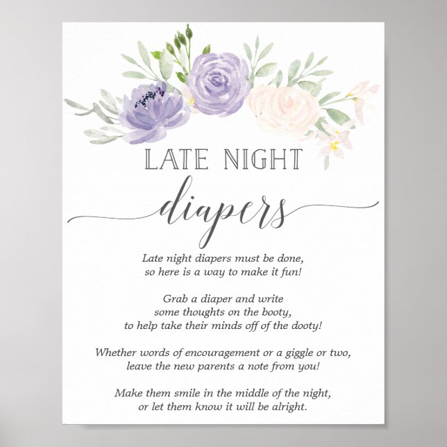 Späte Night Diapers Pastel Lila Baby Dusche Poster (Vorne)
