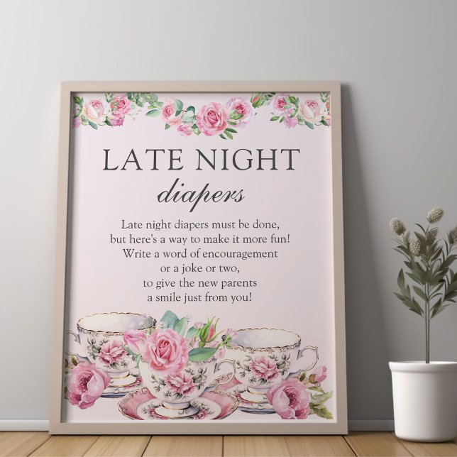 Späte Night Diapers Tee Party Baby Shower Game Poster (Late Night Diapers baby shower game poster from my Vintage Tea Party Baby Shower Collection)