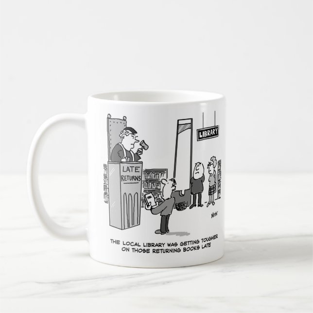 Spätes Bibliothekbuch. Strenge Strafe für verspäte Kaffeetasse (Links)