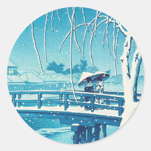 Spätes Schnee entlang Edo River hasui kawase Winte Runder Aufkleber (Vorderseite)