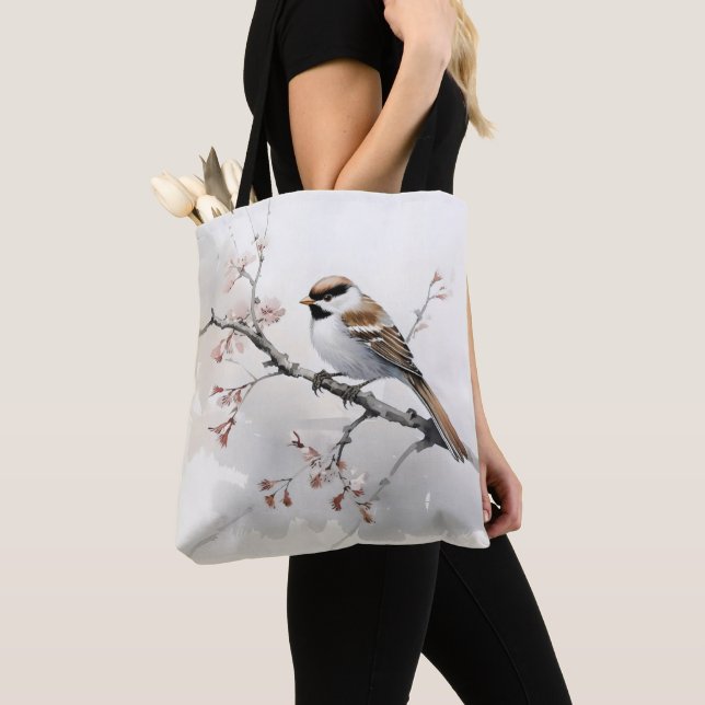 Spatz auf Frühlingszweig Tasche (Von Nahem)