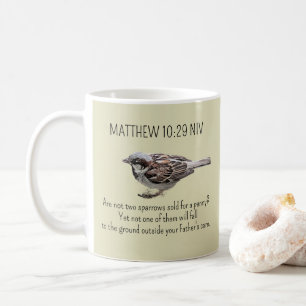 Spatz Vogel Foto Gott kümmert sich Bibelvers Beige Kaffeetasse