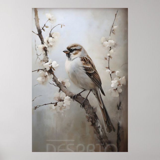 Spatzen-Frühlingswald-Druck, rustikale Vogelkinder Poster (Vorne)