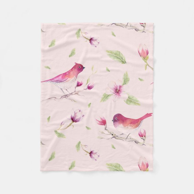 Spatzen Und Blumen Fleecedecke (Vorderseite)