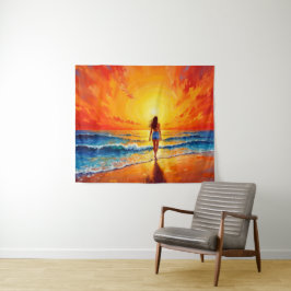Spazierender Meeresstrand Warmlaufen Sonnenunterga Wandteppich