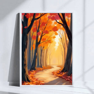 Spaziergang im Laubwald   Orange Wasserfarbenmaler Poster