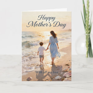 Spaziergang von Mutter und Sohn am Strand am Mutte Feiertagskarte