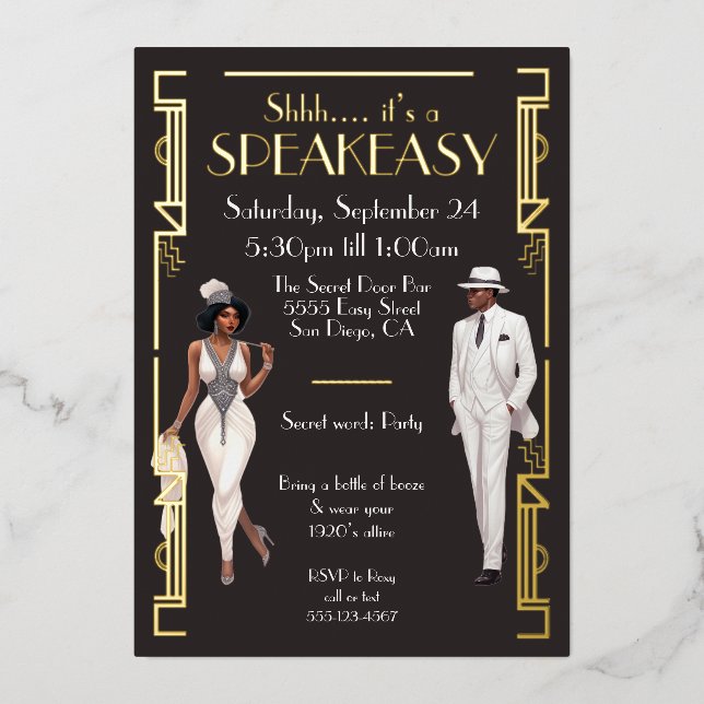 Speakeasy Flapper Party Afroamerikaner Folieneinladung (Vorderseite)