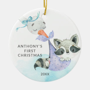 Special Delivery Baby's First Christmas Waschbär Keramik Ornament