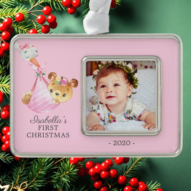 Special Delivery Bear Erstes Weihnachtsfest Foto Rahmen-Ornament Silber (Von Creator hochgeladen)