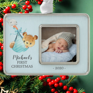 Special Delivery Bear Erstes Weihnachtsfest Foto Rahmen-Ornament Silber