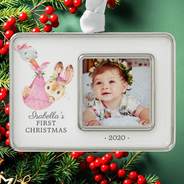 Special Delivery Bunny First Christmas Foto Rahmen-Ornament Silber (Von Creator hochgeladen)
