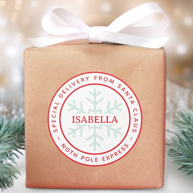 Special Delivery from Santa North Pole Kid Name Runder Aufkleber (Von Creator hochgeladen)