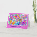 Special Friend Birthday Pink Butterfly Artwork Karte<br><div class="desc">Das ist eine schöne psychedelische Karte für einen besonderen Freund zum Geburtstag. Es ist ein Kunstwerk, das mit einem Blitz aus stilisierten Schmetterlingen in Bewegung, umgeben von bunten Wirbel, besticht. Die Schmetterlinge sind in lebhaften Farben gehalten, wobei Rosa die vorherrschende Farbe ist, und es gibt einen zartrosa Rahmen. Das Bild...</div>