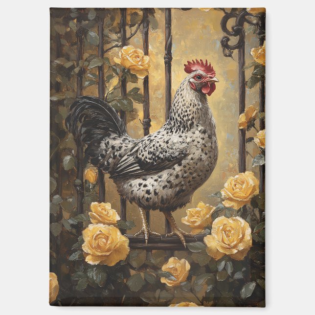 Speckled Hen with Yellow Roses Oil Painting Magnet (Vorderseite)