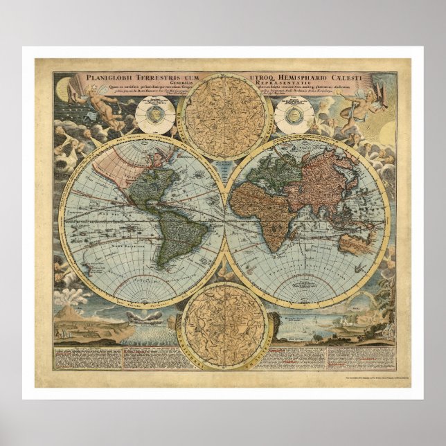 Spectacular Map of the World by Homann 1716 Poster (Vorne)