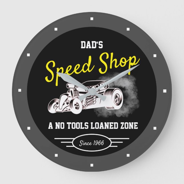 Speed Shop Vaters Name Hotrod Rauchen Reifen Große Wanduhr (Vorderseite)