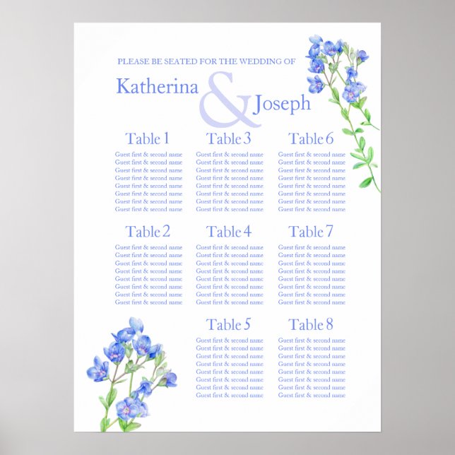 Speedwell Blue Wedding Table Planner 1-8 Poster (Vorne)