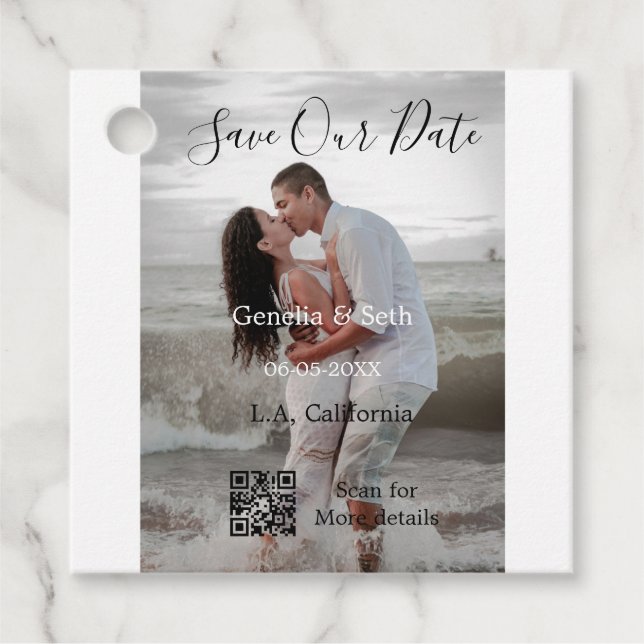 Speichern Sie das Datum einfache minimale QR-Scan- Geschenkanhänger (Vorderseite)