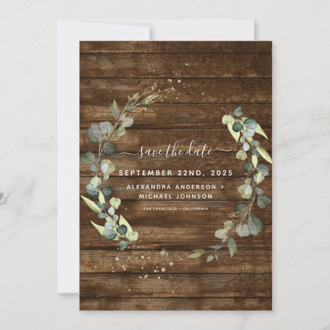 Speichern Sie das Datum Eukalyptus Greenery Rustic Save The Date (Vorderseite)