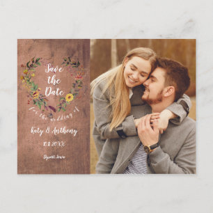 Speichert das Datum Florales Herz Rustikales Holz Postkarte