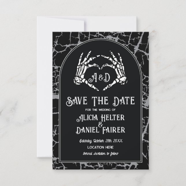 Speichert das Datum Halloween Skelett Herz Hände Save The Date (Vorderseite)