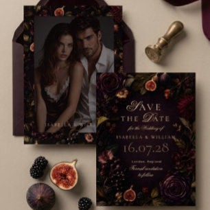Speichert das Datum Moody Dark Burgundy Floral Einladung