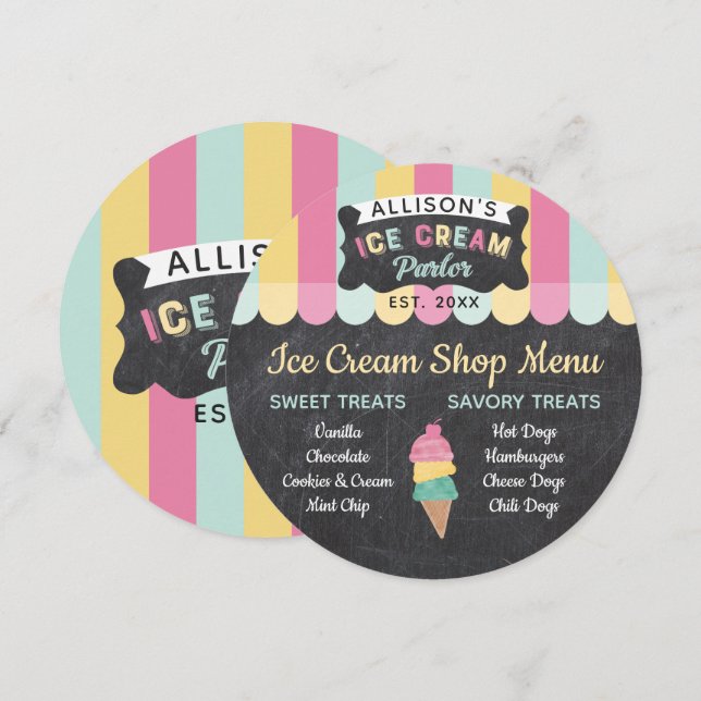 Speisekarte des Ice Cream Parlon Fun Kindergeburts Einladung (Vorne/Hinten)
