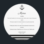 Speisekarte für Anker und Streifen Menükarte<br><div class="desc">Modernes und elegantes Design bedruckt Nautical Anchor und Stipres Round Menu Card For Plate,  die an Ihren Text angepasst werden kann. Karo im Grafikdesign-Store für andere Produkte,  die diesem Design entsprechen!</div>