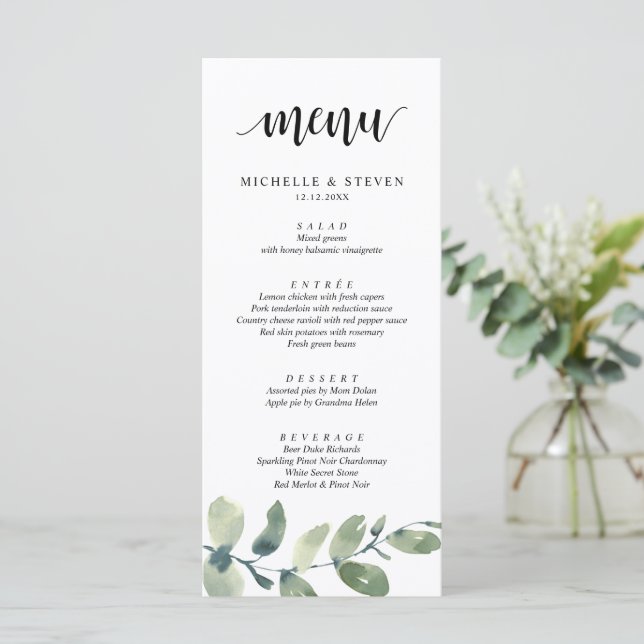 Speisekarte für das Abendessen "Greenery Eucalyptu Menükarte (Stehend Vorderseite)