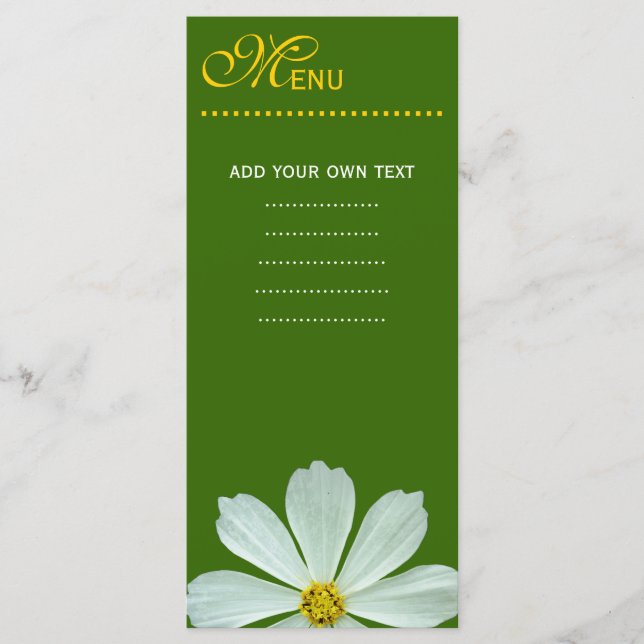 Speisekarte für das Abendessen. Weiße Blume Menükarte (Vorderseite)