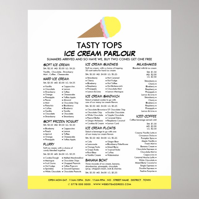 Speisekarte für Eiskrem und Eiscreme Poster (Vorne)