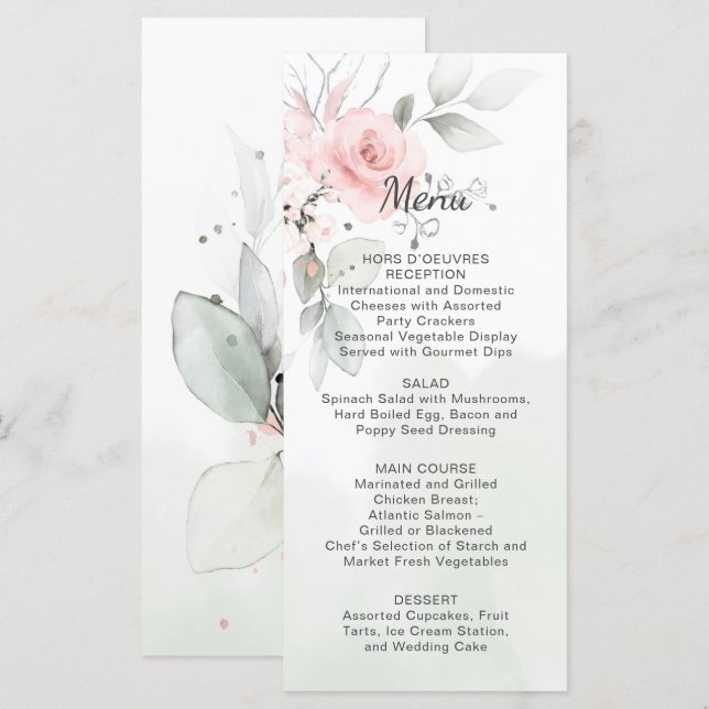 Speisekarte für Hochzeiten in Grün und Pastellrose Menükarte (Vorne/Hinten)